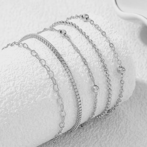 Bracelet 5pc Set Silver Heart Beads Box Chain Stylish Y2k Delicate Trendy Layer - Picture 2 of 4